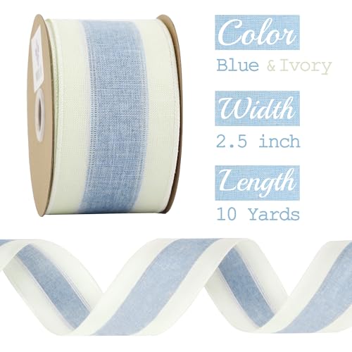 Blue and White Stripe Ribbon Wired 2.5 Inch Light Blue Burlap Ribbons with Ivory Stripe Edge Wreath Supplies (30 Foot)