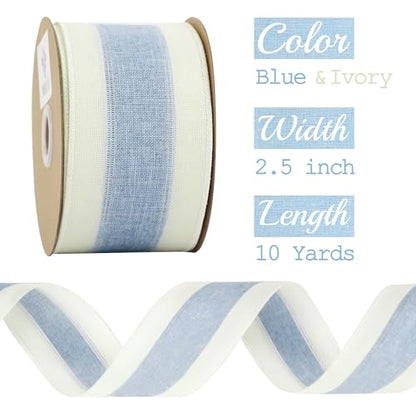 Blue and White Stripe Ribbon Wired 2.5 Inch Light Blue Burlap Ribbons with Ivory Stripe Edge Wreath Supplies (30 Foot)