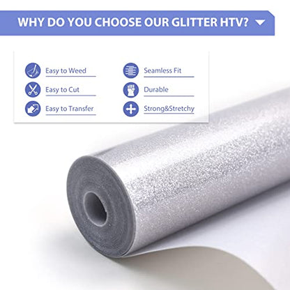 Glitter HTV 12" x 10ft Silver Glitter HTV Heat Transfer Vinyl