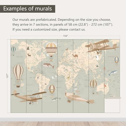 Vintage Animal Wallpaper Cartoon Aircraft Map wall murals for Kids Room 159"x107"