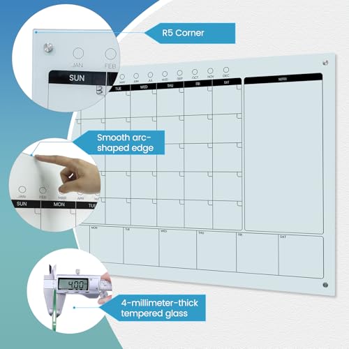 Magnetic Glass Whiteboard Calendar 48"x36" Glass Dry Erase Calender Board 36"x48" Monthly Plan White GlassBoard Wall Mounted for Office School Home