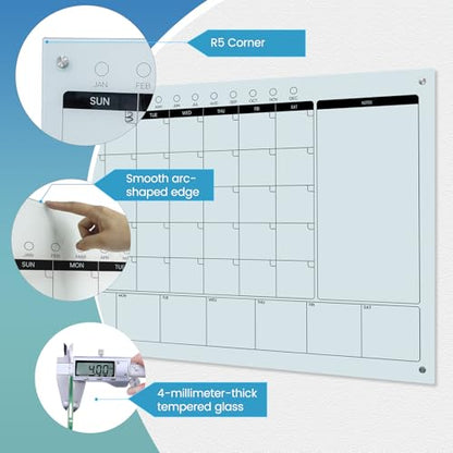 Magnetic Glass Whiteboard Calendar 48"x36" Glass Dry Erase Calender Board 36"x48" Monthly Plan White GlassBoard Wall Mounted for Office School Home
