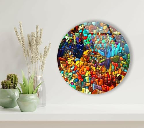 31.5''(80cm) Diameter Red Mosaic Round Glass Wall Art Tempered Glass Printing Wall Decor Large Wall Art Wall Hangings