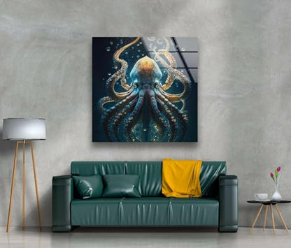Round 24'' Underwater Blue Octopus Glass Wall Art Tempered Glass Printing Wall Decor Large Wall Art Wall Hangings