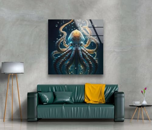 10Wx12H'' Underwater Blue Octopus Glass Wall Art Tempered Glass Printing Wall Decor Large Wall Art Wall Hangings