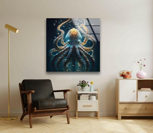 14Wx20H'' Underwater Blue Octopus Glass Wall Art Tempered Glass Printing Wall Decor Large Wall Art Wall Hangings