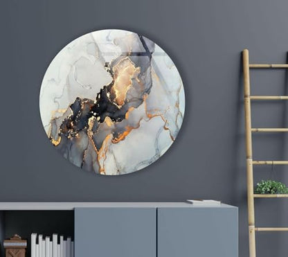 27.5''(70cm) Diameter Gold Details Gray Marble Round Glass Wall Art Tempered Glass Printing Wall Decor Large Wall Art Wall Hangings