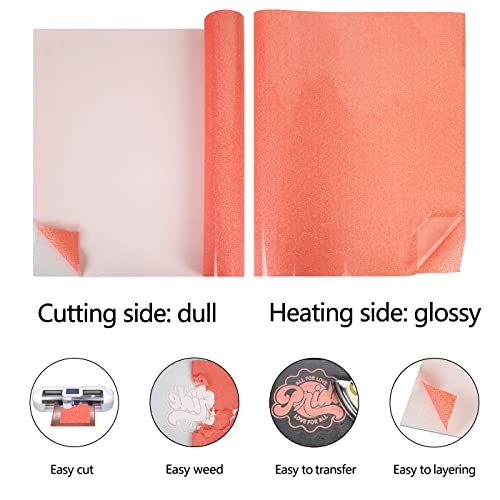 Heat Transfer Vinyl Glow Orange Red Glitter HTV Roll 12" x 8ft
