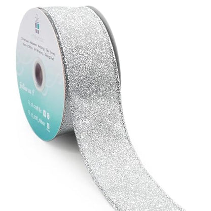 Glitter Wired Ribbon 1.5" x 10 Yards Silver for Christmas Home Decor Bow Gift Wrapping DIY Crafts Wreath (30 Foot)
