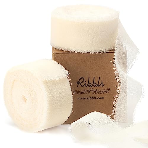 Ivory Chiffon Ribbon 1 Inch x 20 Yard Handmade Fringe Chiffon Silk Ribbon Ivory Ribbon for Gifts Wrapping (60 Foot)