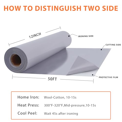 RENLITONG Grey Iron on Vinyl 12Inch by 50ft Roll Heat Transfer Vinyl for T