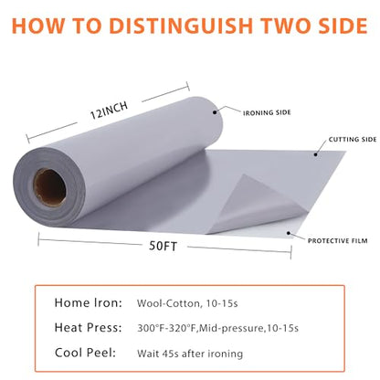 RENLITONG Grey Iron on Vinyl 12Inch by 50ft Roll Heat Transfer Vinyl for T