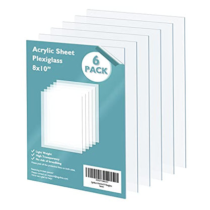 Plexiglass Sheets Acrylic Sheets 6 Pack of 8x10’’ 0.04 Thick Clear Plastic Cast Transparent Plexi Glass for Crafting Projects (6 Count)