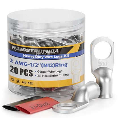 20PCS Battery Cable Lug & Heat Shrink Kit 2 AWG 1 (10 Count)