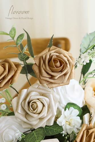 Artificial Flowers 25pcs Real Looking Gold & Champagne Gold Foam Fake Roses with Stems for DIY Wedding Bouquets Bridal Shower Centerpieces Floral Arrangements Party Tables Home Decorations (25 Count)