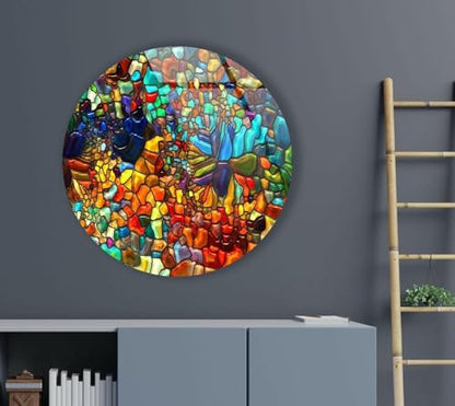 31.5''(80cm) Diameter Red Mosaic Round Glass Wall Art Tempered Glass Printing Wall Decor Large Wall Art Wall Hangings