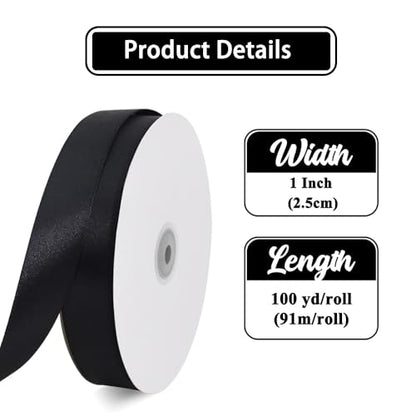 1 Inch x 100yds Black Satin Ribbon for Crafts (300 Foot)