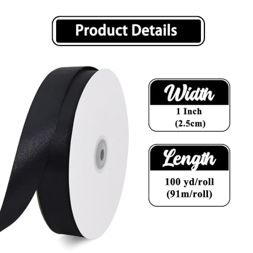 1 Inch x 100yds Black Satin Ribbon for Crafts (300 Foot)