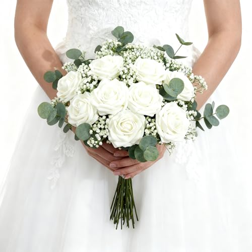 Artificial Flowers Foam Fake Roses 25pcs White Roses with Stems for Home Decor DIY Wedding Bouquets Party Bridal Shower Centerpieces Faux Flower Arrangements Tables Decorations (25 Count)