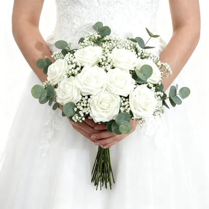 Artificial Flowers Foam Fake Roses 25pcs White Roses with Stems for Home Decor DIY Wedding Bouquets Party Bridal Shower Centerpieces Faux Flower Arrangements Tables Decorations (25 Count)