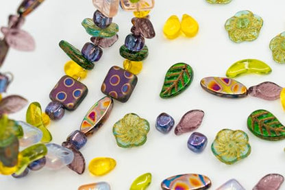 1.4oz (40g) Limited Mix of Czech Glass Beads, Hand Made Set Kit, Green Purple Yellow Drop