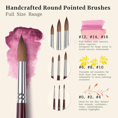 Sable Hair Watercolor Brushes Professional (9 Count)