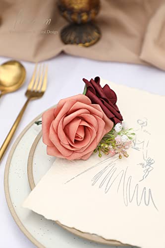 Artificial Flowers 25pcs Real Looking Burgundy & Pinky Cedar Foam Fake Roses with Stems for DIY Wedding Bouquets Bridal Shower Centerpieces Floral Arrangements Party Tables Home Decorations (25 count)