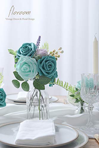 Artificial Flowers 50pcs Real Looking Teal Green Foam Fake Roses with Stems for DIY Wedding Bouquets Bridal Shower Centerpieces Floral Arrangements Party Tables Home Decorations (50 Count)