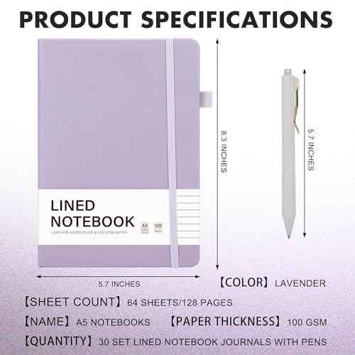 30 Set Lined Notebook Journals with Pens A5 Notebooks 100 GSM College Ruled Hardcover Notebook PU Leather Notepad with Pen Holder for Office School