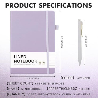 30 Set Lined Notebook Journals with Pens A5 Notebooks 100 GSM College Ruled Hardcover Notebook PU Leather Notepad with Pen Holder for Office School