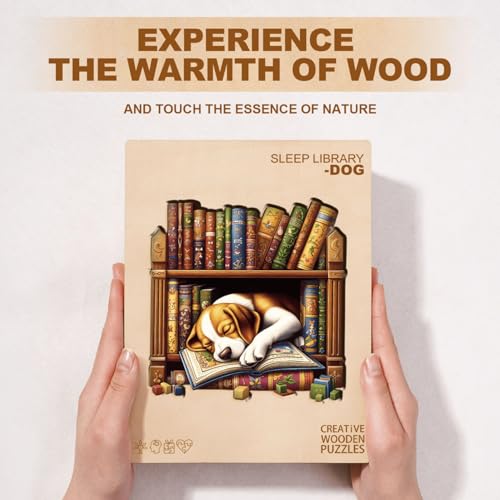 Puppy Dog Puzzles Bookshelf Books Library Shape Puzzle Adults Gifts for Women Men Wooden 300 Pieces 13.4 * 13.4in Wall Decor
