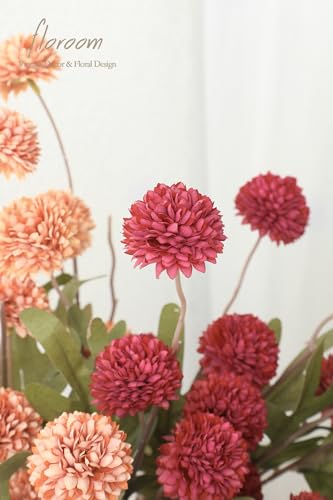 9pcs Dark Red Burnt Orange Mix Faux Silk Mums Artificial Flowers (9 Count)