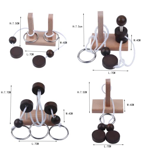 Brain Teaser Puzzle Wooden Threading Rope Loop Puzzle Luban Lock Brain Teaser Game Adult Kids Toy Puzzles for Adults (4 Count)