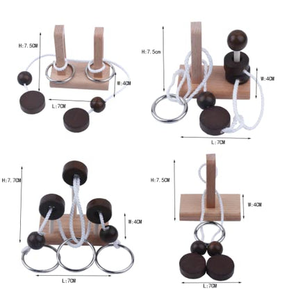 Brain Teaser Puzzle Wooden Threading Rope Loop Puzzle Luban Lock Brain Teaser Game Adult Kids Toy Puzzles for Adults (4 Count)