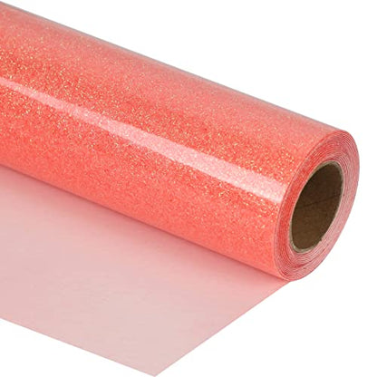 Heat Transfer Vinyl Glow Orange Red Glitter HTV Roll 12" x 8ft