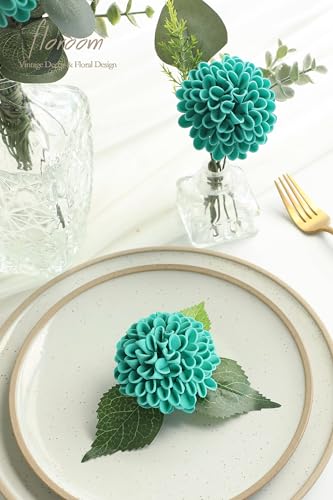 Artificial Dahlia Flowers 25pcs Real Looking Teal Green Foam Fake Roses with Stems for DIY Wedding Bouquets Bridal Shower Centerpieces Floral Arrangements Party Tables Home Decoration (25 Count)