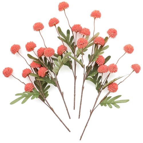 5pcs Coral Orange Faux Silk Mums Artificial Flowers (25 Count)