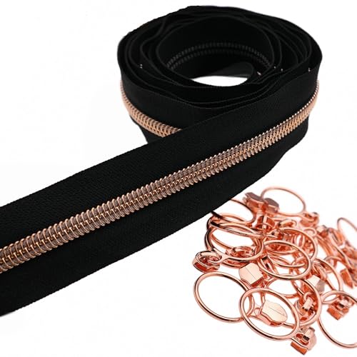 5 Rose Gold Metallic Teeth Nylon Coil Zippers by The Yard Bulk 10 Yards Black Zipper Tape with 25pcs Rose Gold Ring Pull Sliders for DIY Sewing Tailor Craft Bag (25 Count)