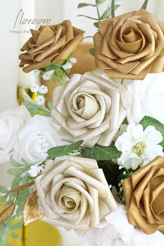 Artificial Flowers 25pcs Real Looking Gold & Champagne Gold Foam Fake Roses with Stems for DIY Wedding Bouquets Bridal Shower Centerpieces Floral Arrangements Party Tables Home Decorations (25 Count)