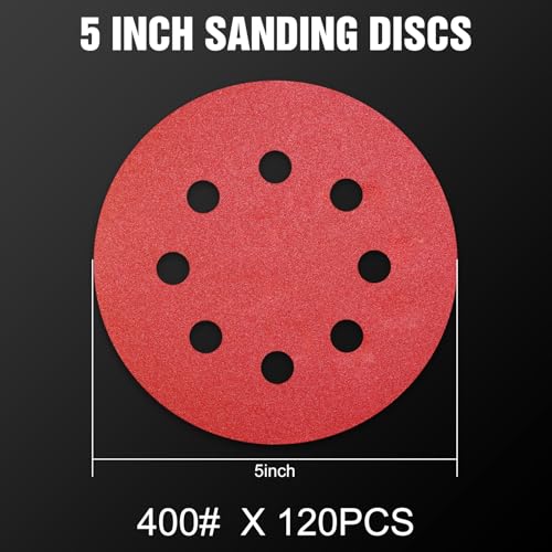120 Pcs 5 inch Sanding Discs 400 Grit 8 Hole Hook and Loop Round Sandpaper for Random Orbital Sander (120 Count)