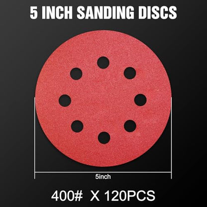 120 Pcs 5 inch Sanding Discs 400 Grit 8 Hole Hook and Loop Round Sandpaper for Random Orbital Sander (120 Count)