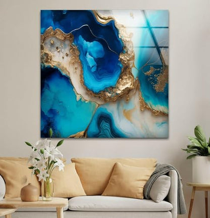 35.5Wx30H'' Blue Alcohol ink Glass Wall ArtTempered Glass Printing Wall Decor Large Wall Art Wall Hangings