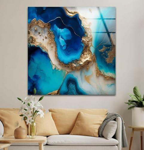 28Wx18H'' Blue Alcohol ink Glass Wall ArtTempered Glass Printing Wall Decor Large Wall Art Wall Hangings