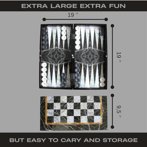 Park&Oz Premium Turkish Backgammon and Checkers Set 19 Inch Handmade 2 in 1 Wooden Board Game with Glossy Finish Luxury Checkers and Dice Travel Friendly and Foldable