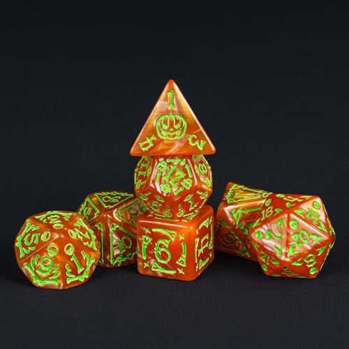 7 Die DND Dice Set Scary Pattern Polyhedral Dice Set with Dice Bag (7 Count)