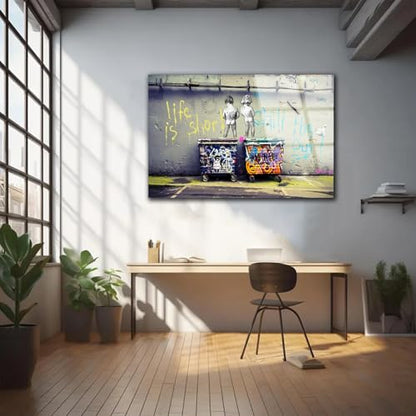 Banksy Peeing Boys Life Is Short Printed Tempered Glass Wall Art Painting for Living Room