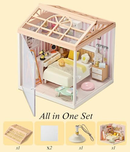 Cozy Bedroom DIY Miniature House Kit with Roof & LED Light