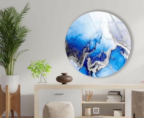 15.8''(40cm) Diameter Blue Marble Round with Silver Details Glass Wall Art Tempered Glass Printing Wall Decor Large Wall Art Wall Hangings