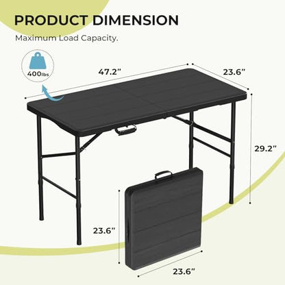 4Ft Folding Table Portable for Indoor Outdoor Wood Grain Black