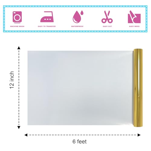 Sheet Metallic Foil Heat Transfer Vinyl Gold12Inch*6Ft Bundle Chrome HTV in Vibrant Colors for Stunning T